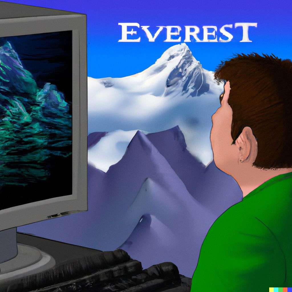 someone gazing at Mount Everest, old computer game graphics